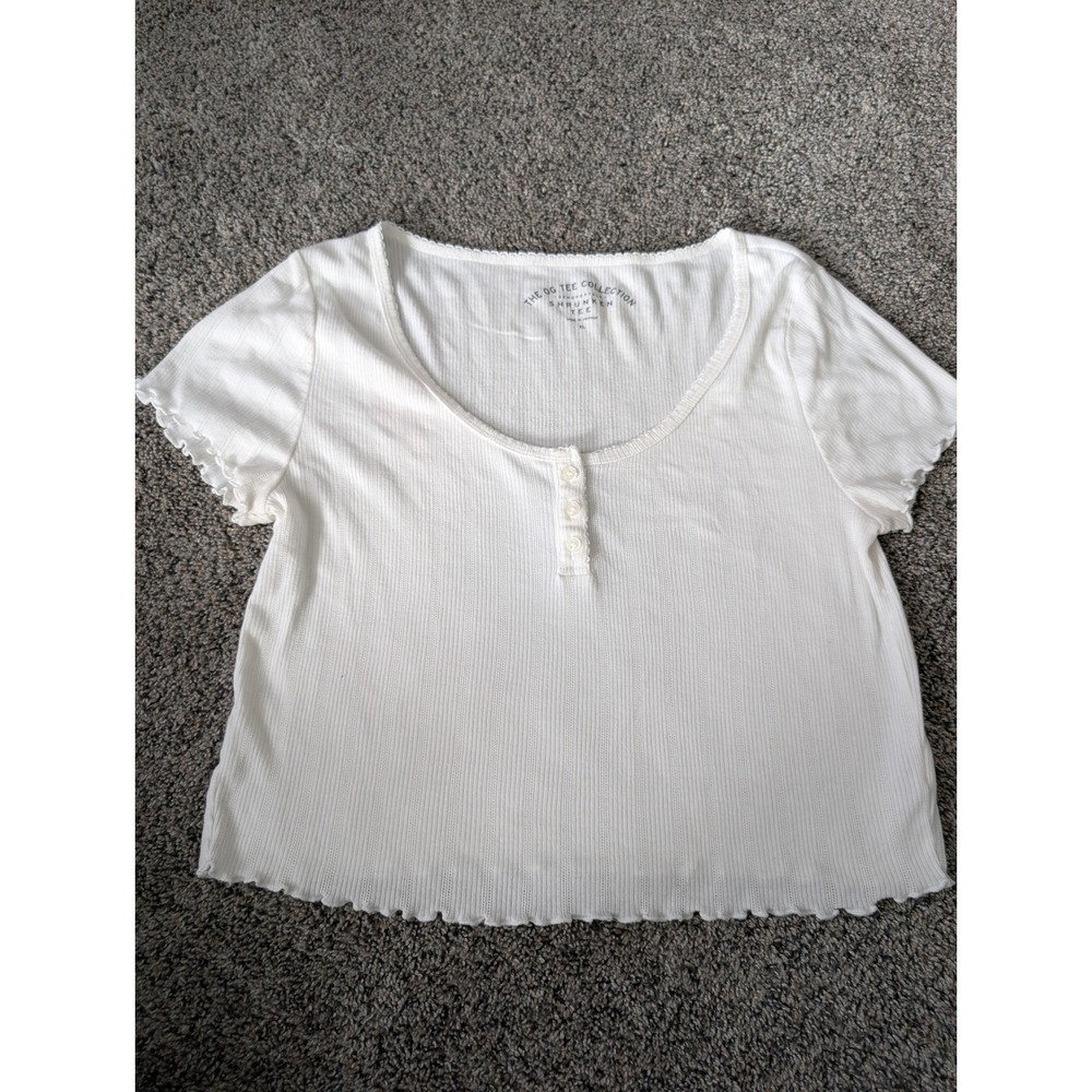 Aeropostale Shrunken Tee White Ribbed Henley Lettuce Edge Scoop Neck XL